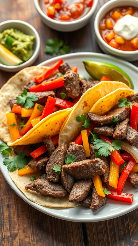A colorful plate of beef fajitas with peppers and onions on tortillas, garnished with cilantro and served with guacamole and salsa.